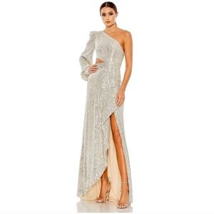 MAC DUGGAL sequin cutout one shoulder gown in silver